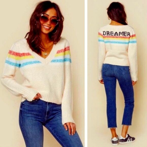 WILDFOX DREAMER RAINBOW STRIPE V NECK KNIT DISTRESSED SWEATER - Picture 1 of 12